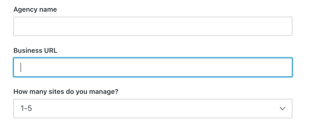 Screenshot of the Automattic for Agencies registration form