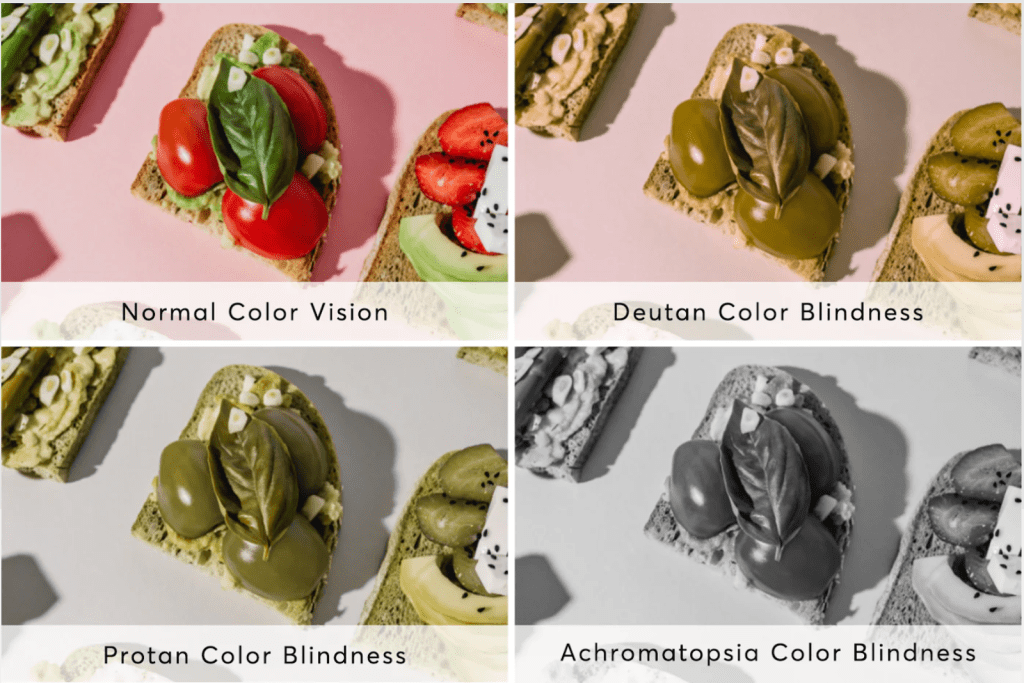 An image altered to show how people with different kinds of color blindness see things