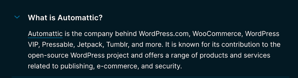 Screenshot of the Automattic for Agencies FAQ section. Specifically the "What is Automattic" question which includes a link to the Automattic.com site in the answer.