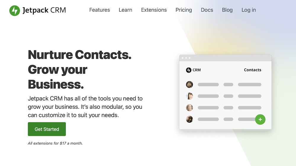 Jetpack CRM homepage with the text "Nurture contacts. Grow your business."