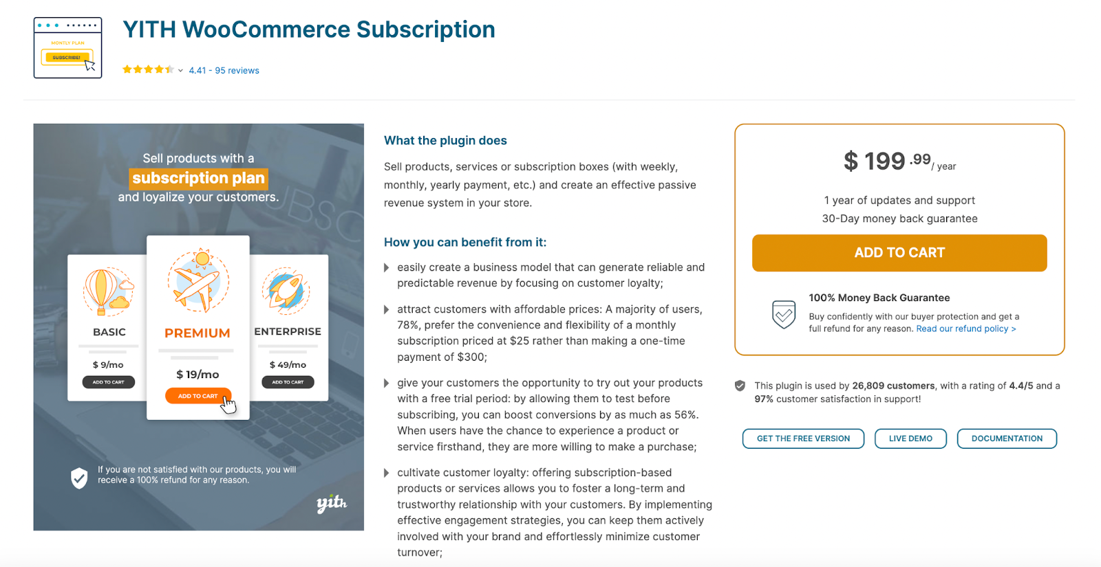 YITH WooCommerce Subscription plugin landing page, with information and pricing