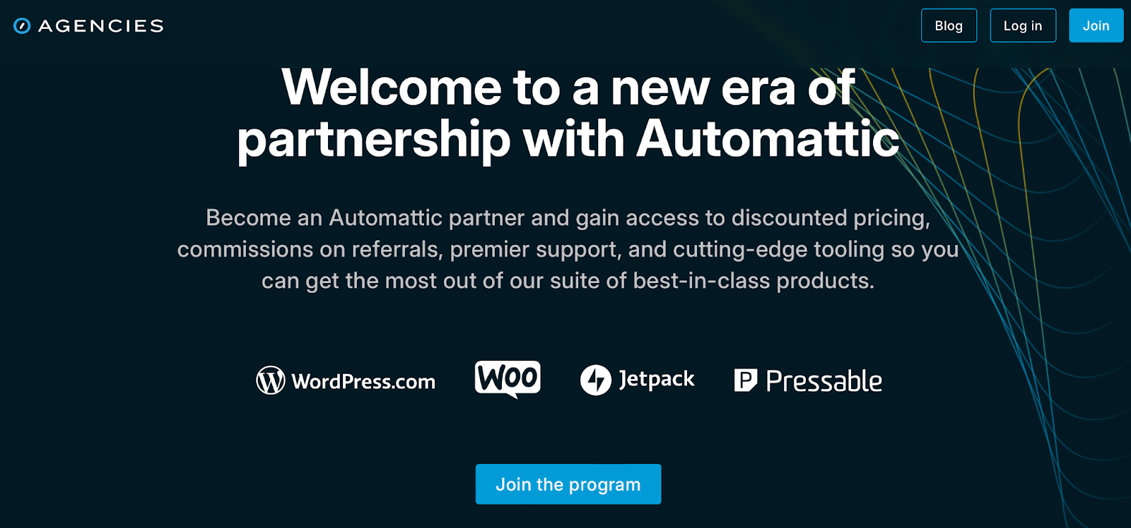 Automattic for Agencies page with the text "welcome to a new era of partnership with Automattic"