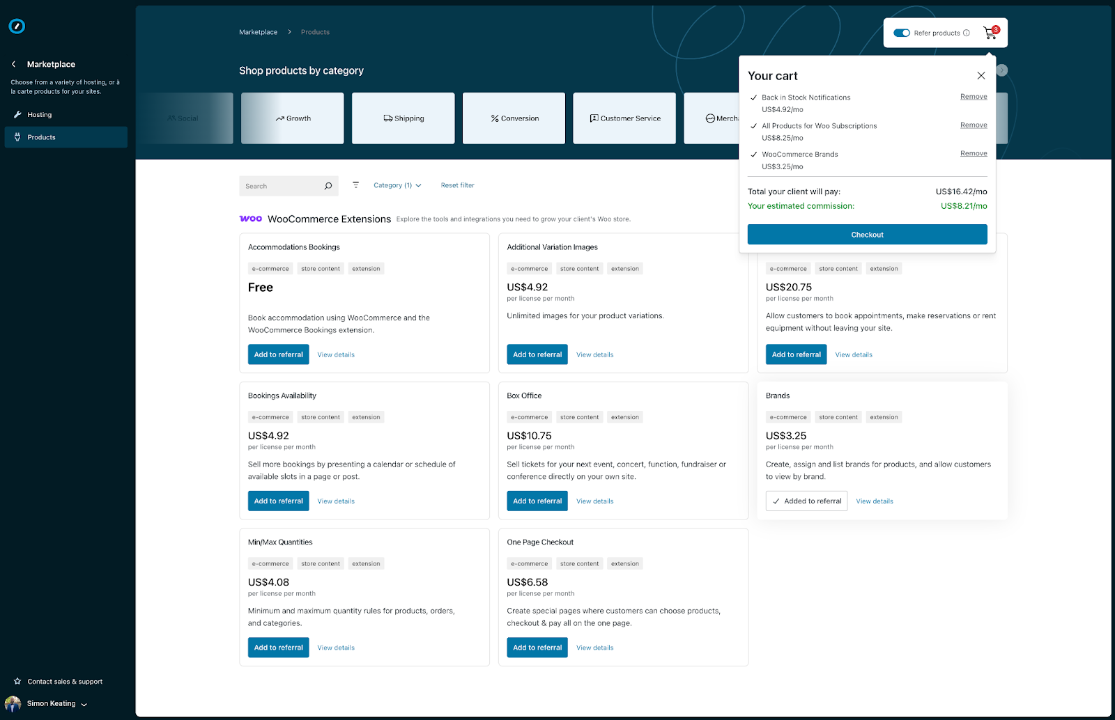 Automattic for Agencies cart full of products