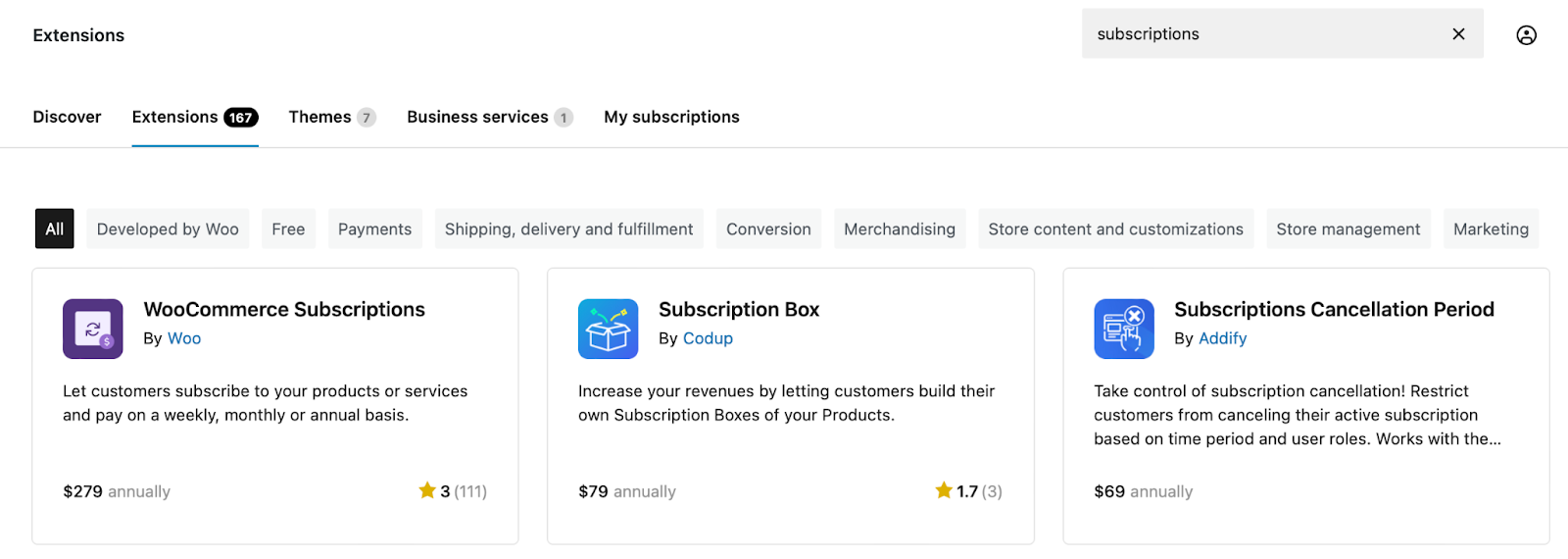 finding the WooCommerce Subscriptions extension in WordPress