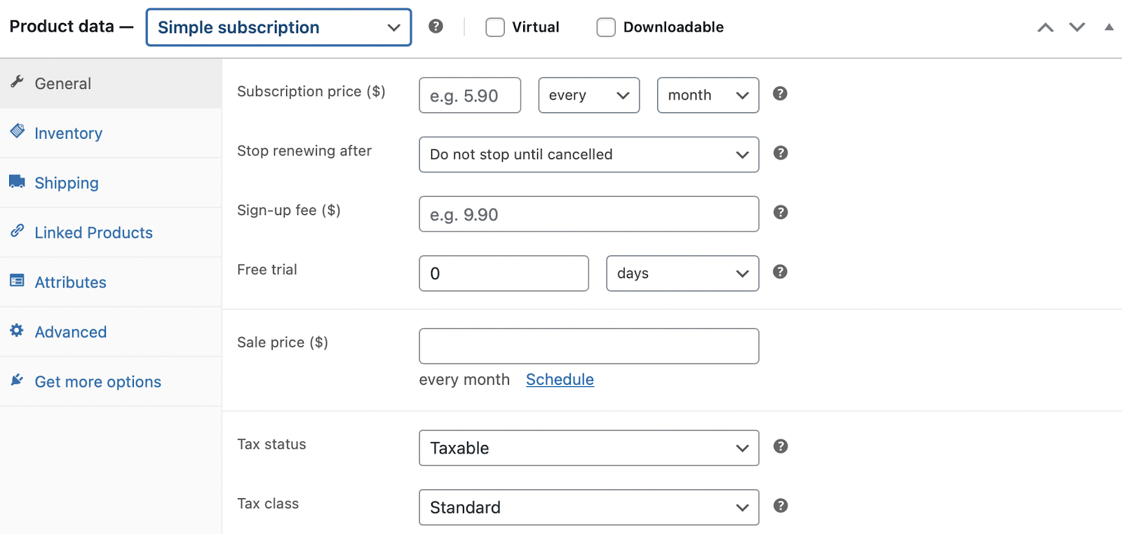 adding details like subscription price, sign-up fee, and free trial details