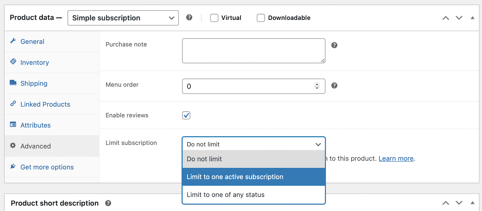 dropdown with options for "limit subscription"