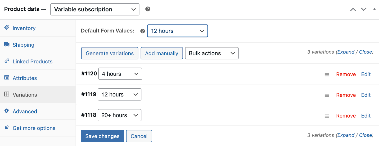 a list of set variables, with options for 4, 12, and 20+ hours