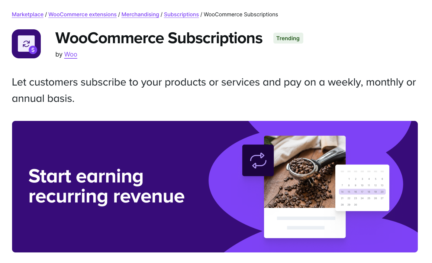 the WooCommerce Subscriptions page in the extension library