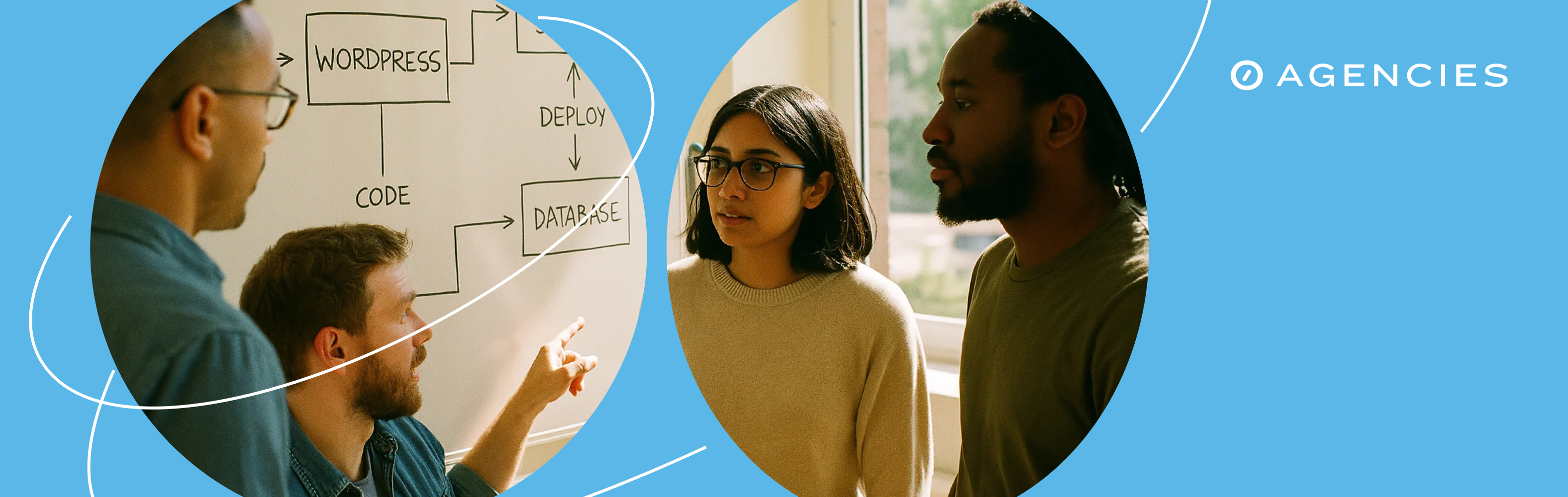 blue background with team members working together on a whiteboard