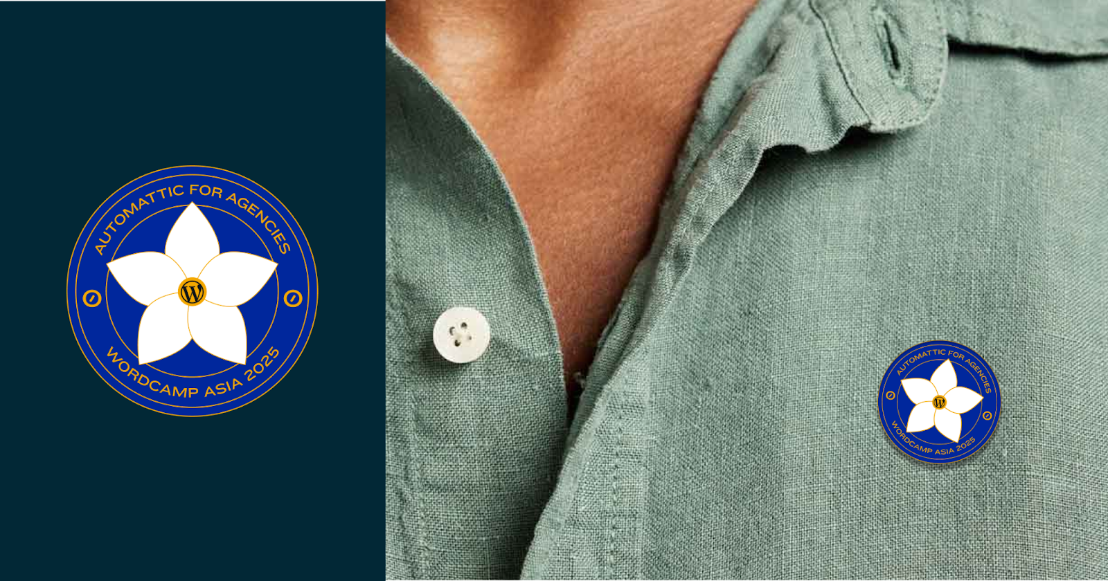 blue pin with the white Sampaguita flower in the middle, along with the WordPress logo in yellow