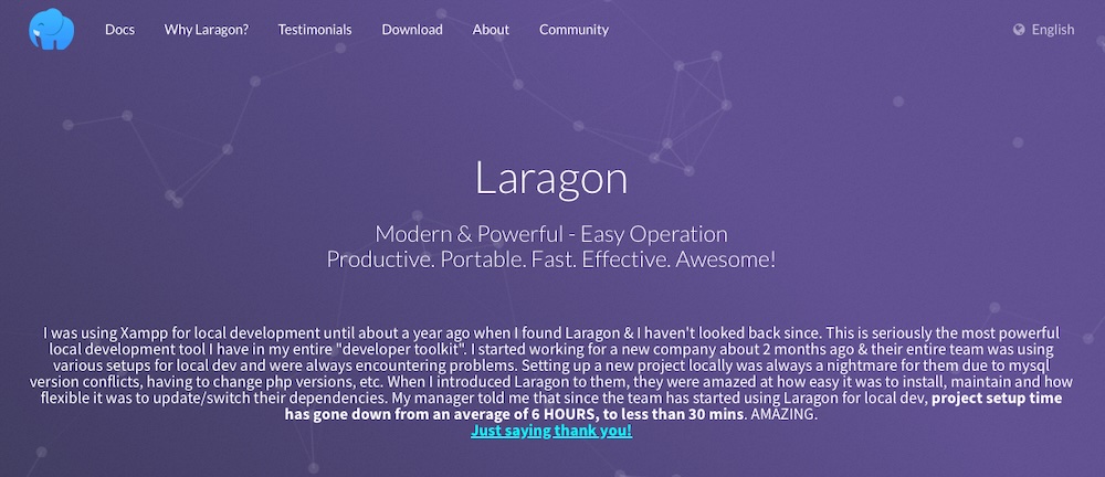 Laragon homepage with a purple background and product description