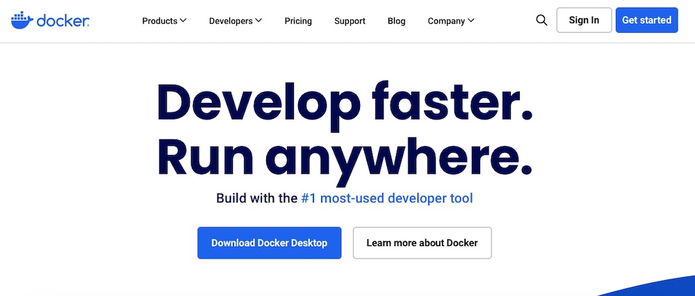 Docker homepage with the text "develop faster, run anywhere"