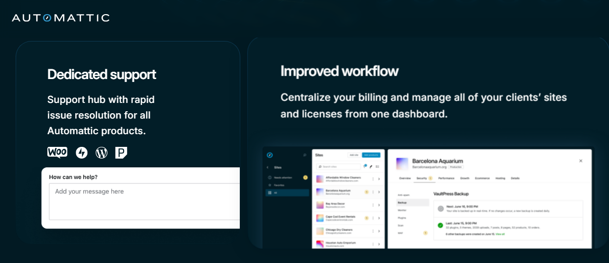 Automattic for Agencies page with information about workflow and support