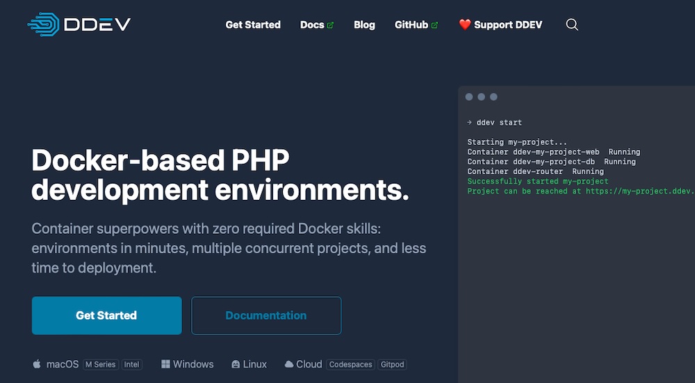 DDEV site with text, "docker-based PHP development environments"