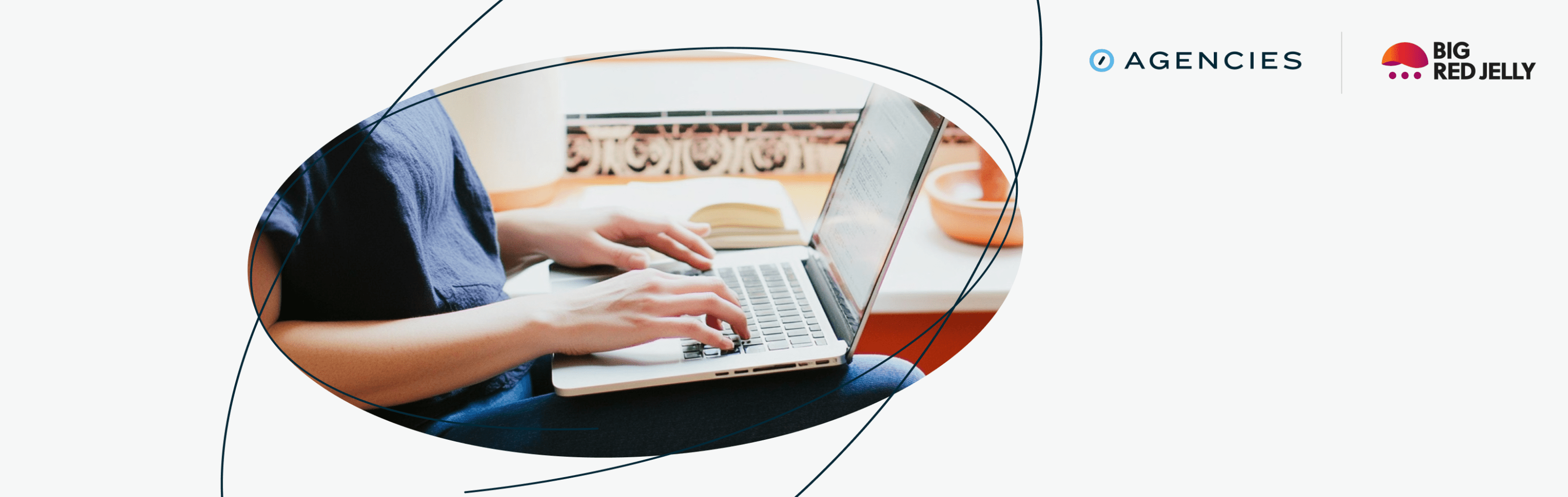 oval cutout of someone working on a computer with Automattic for Agencies and Big Red Jelly logos