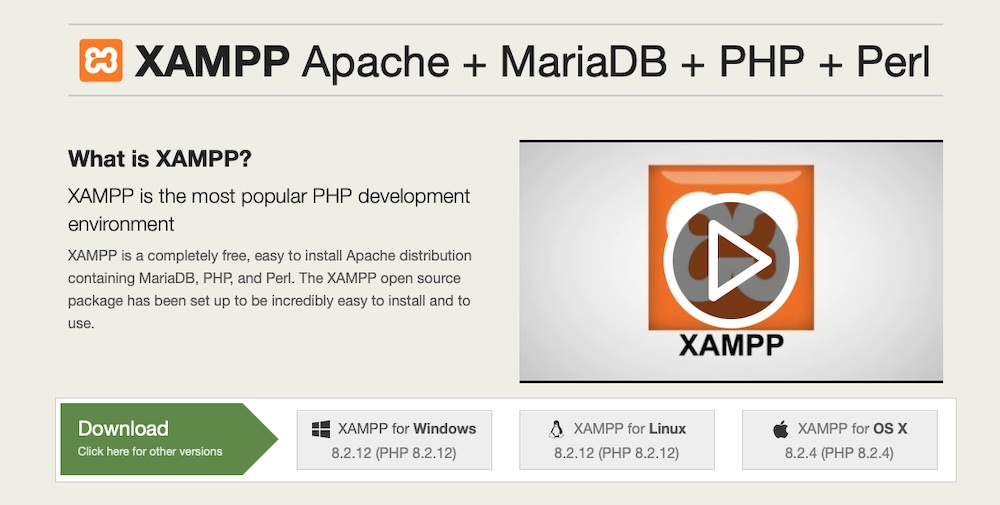 XAMPP homepage showing options for download