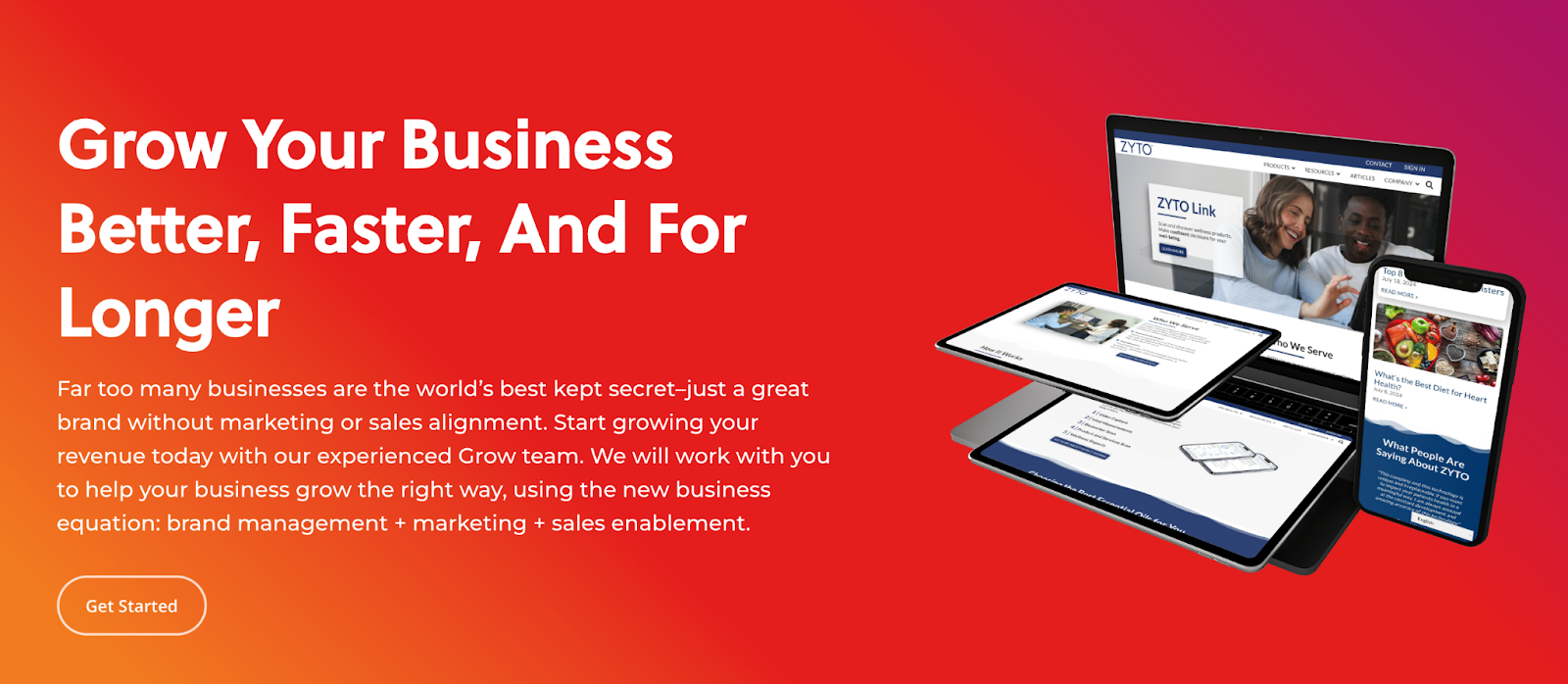 landing page for GROW with the tagline, "grow your business, better, faster, and for longer"