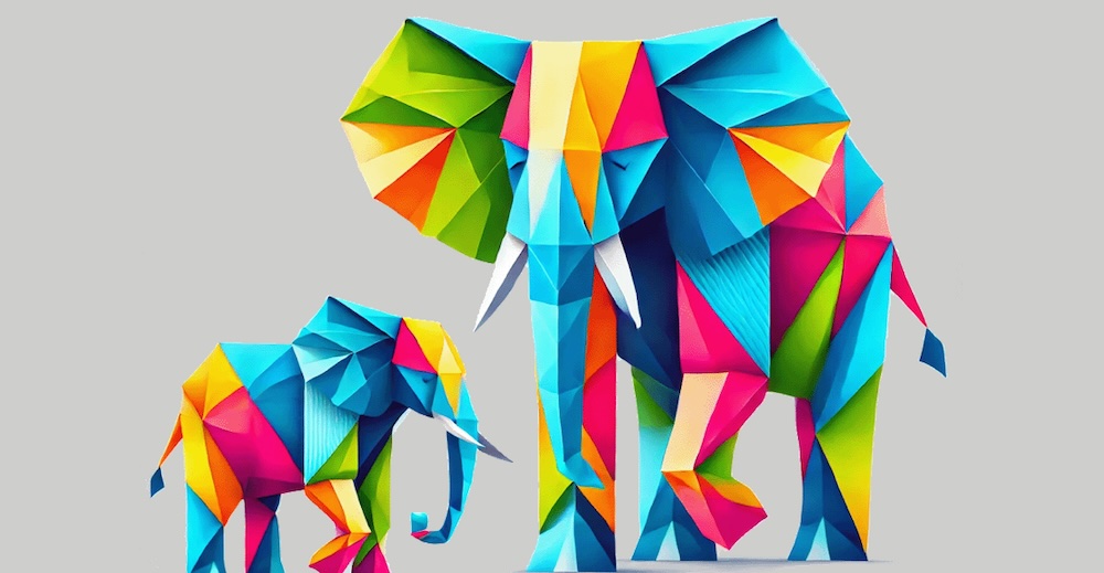 graphic illustration of a colorful elephant with its baby, from MAMP