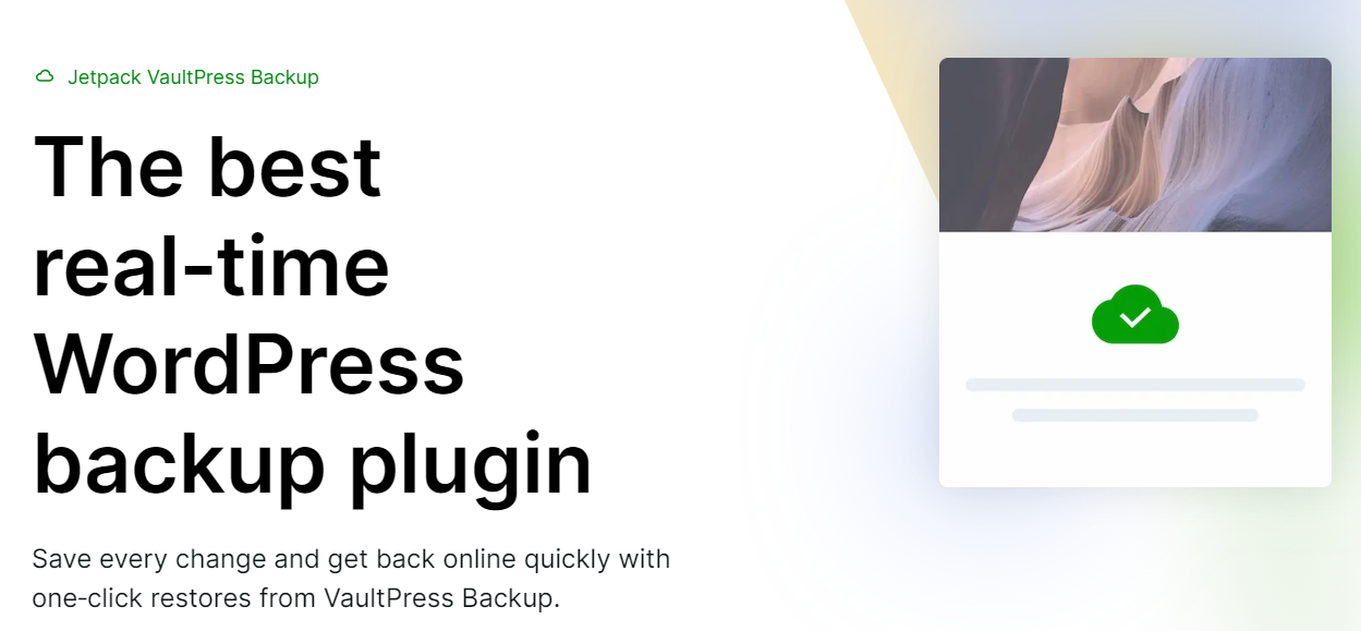 Jetpack VaultPress Backup page with the text "the best real-time WordPress backup plugin"