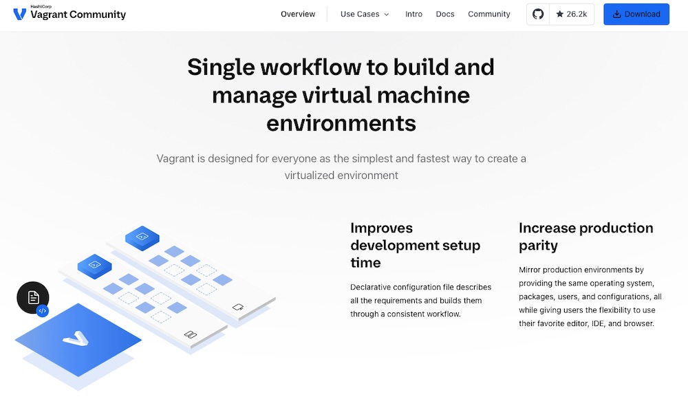 Vagrant Community site with the text "single workflow to build and manage virtual machine environments"