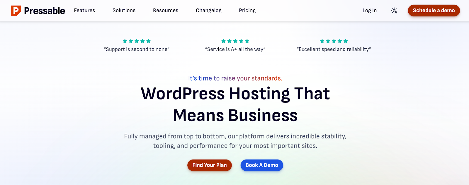 Pressable homepage that says "WordPress hosting that means business"