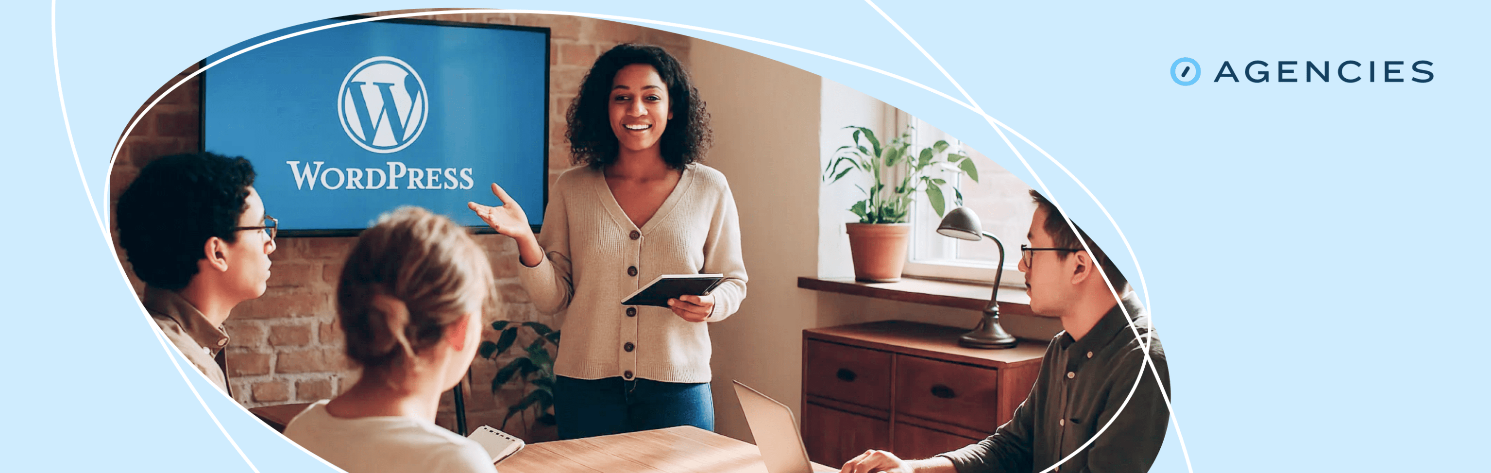 blue background with woman teaching a group of people about WordPress