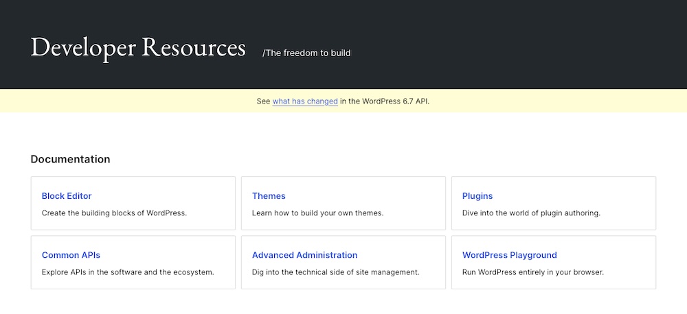 WordPress.org developer resources blog, showing a grid of categories like "block editor" and "themes"