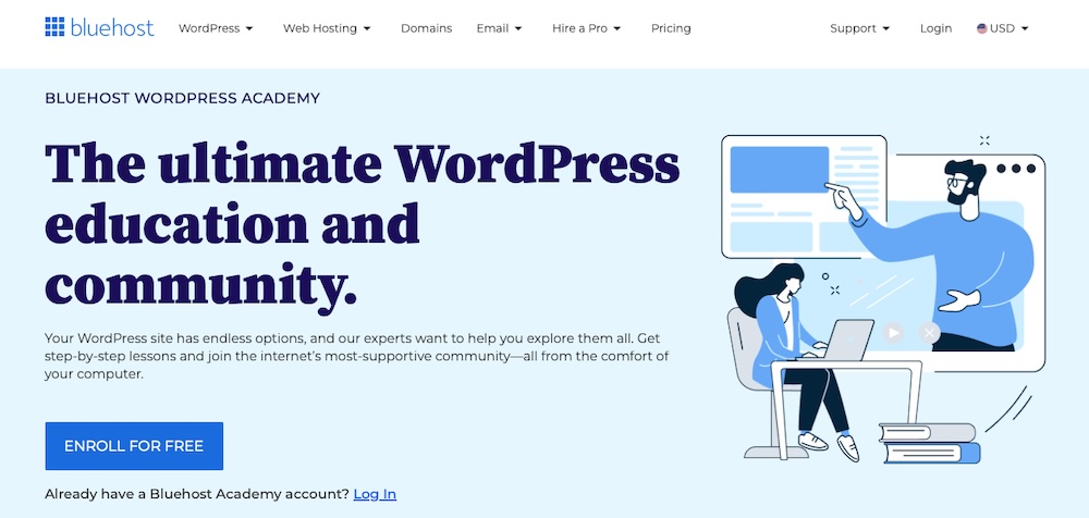 Bluehost WordPress academy with blue illustrations and the text "the ultimate WordPress education and community"