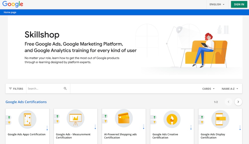 Google Skillshop with grid of courses for apps, AI-powered shopping, creative, and more