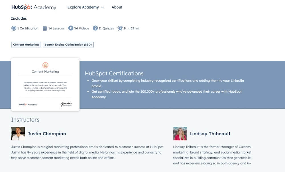 HubSpot Certifications showing information about the program and the instructors 