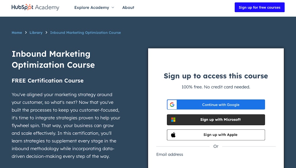 HubSpot Academy inbound marketing optimization course with the option to sign up