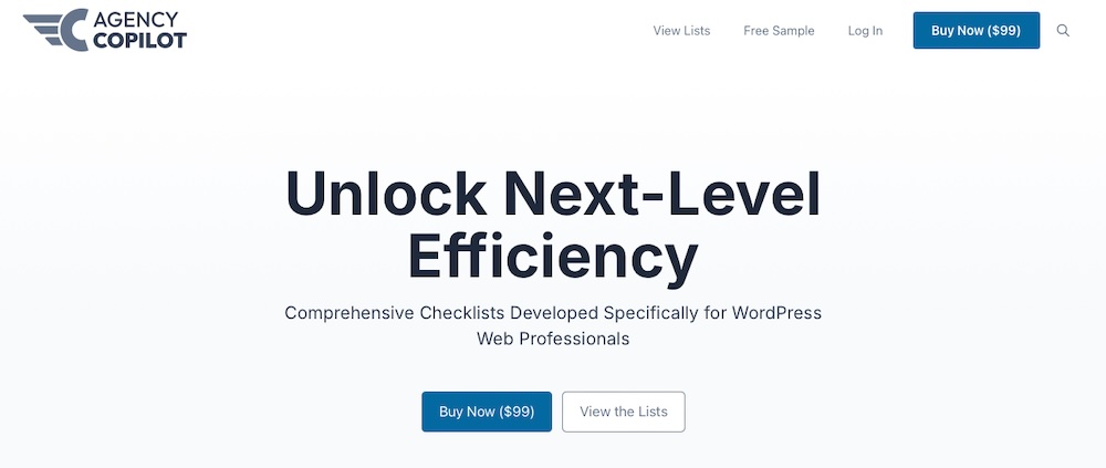 Agency Copilot homepage with the text "unlock next-level efficiency"