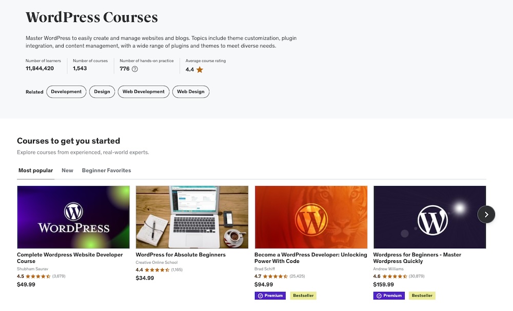 grid of WordPress courses for developers, beginners, and more