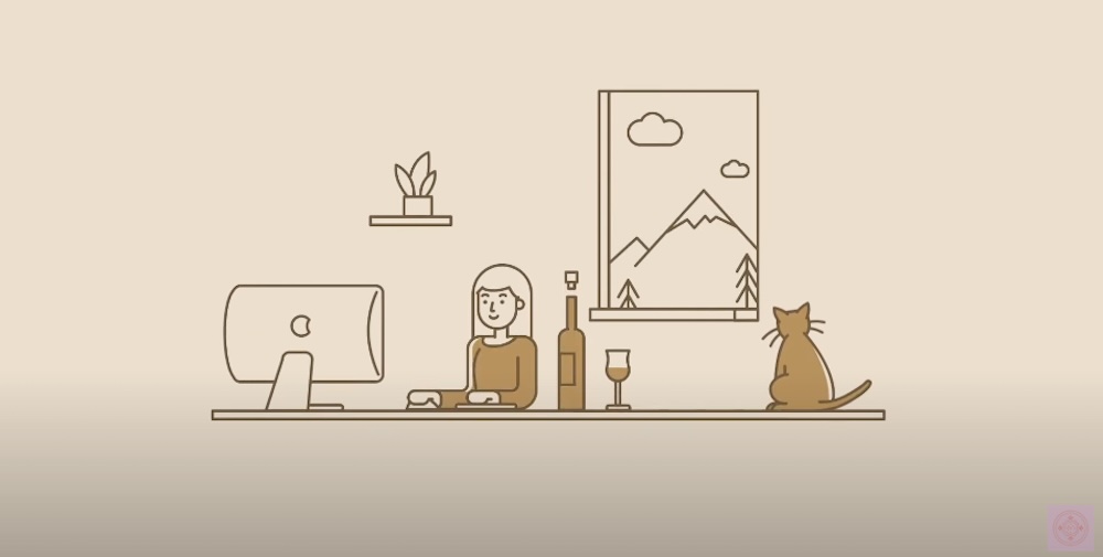 illustration of a woman sitting at a desktop computer, with a mountain view, glass of wine, and a cat