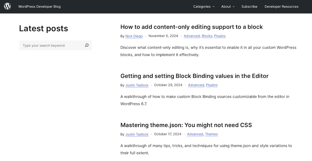 WordPress developer block showing a list of latest posts covering topics like block binding values and theme.json files