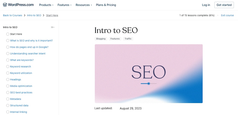 WordPress.com Intro to SEO course with a gradient overlay 