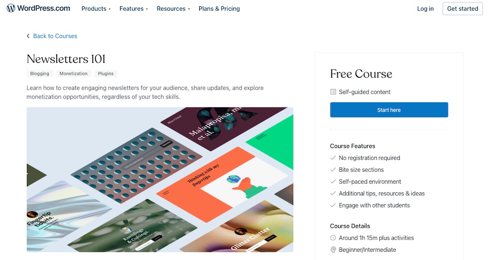 WordPress.com Newsletters 101 course with a list of course features and information about length of time