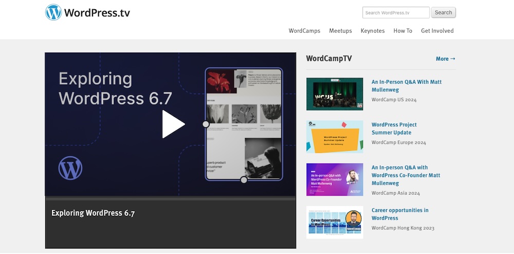 WordPress.tv site with a list of videos that include Q&As, updates, and career opportunities