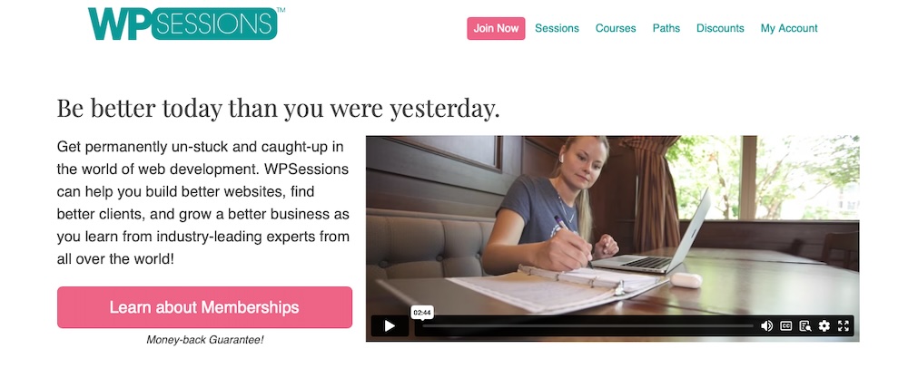 WPSessions site with a sample video and text about available courses