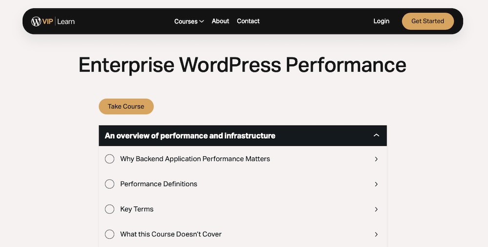 WordPress VIP Enterprise WordPress Performance course, with an overview of topics