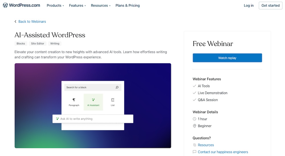 WordPress.com's AI-Assisted WordPress course, with features and details listed