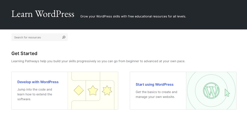 Learn WordPress website with a grid of agency courses