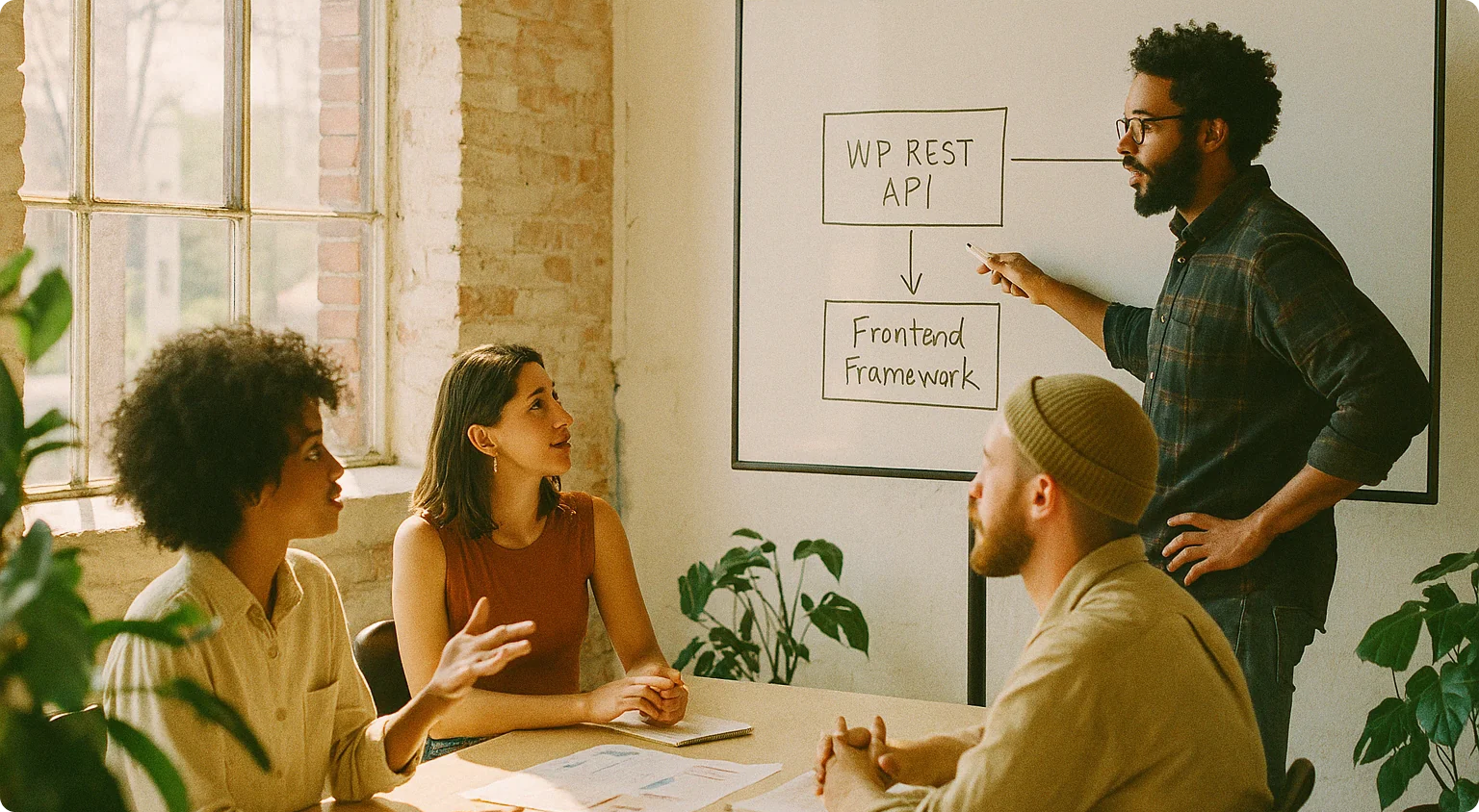 A group of people talking about the WP Rest API and how it works with their framework