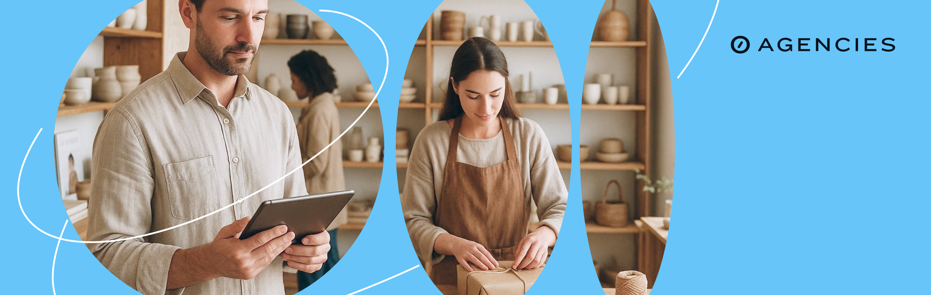 business owners working in their stores on a blue background