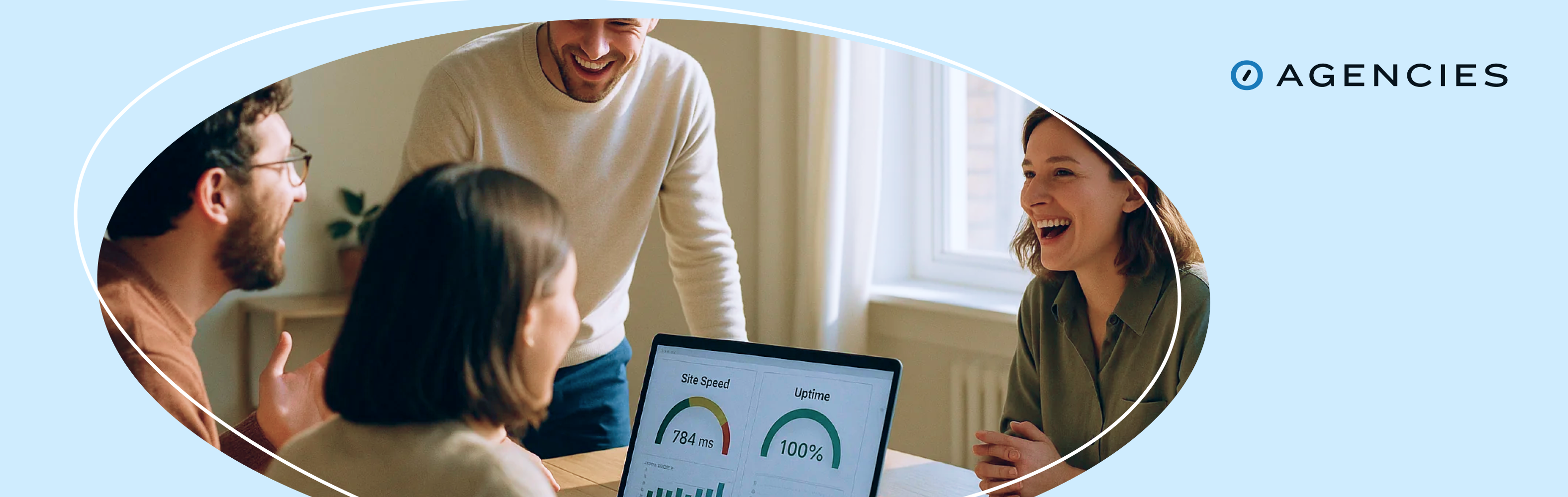 people talking and working around a table, with a laptop showing website speed