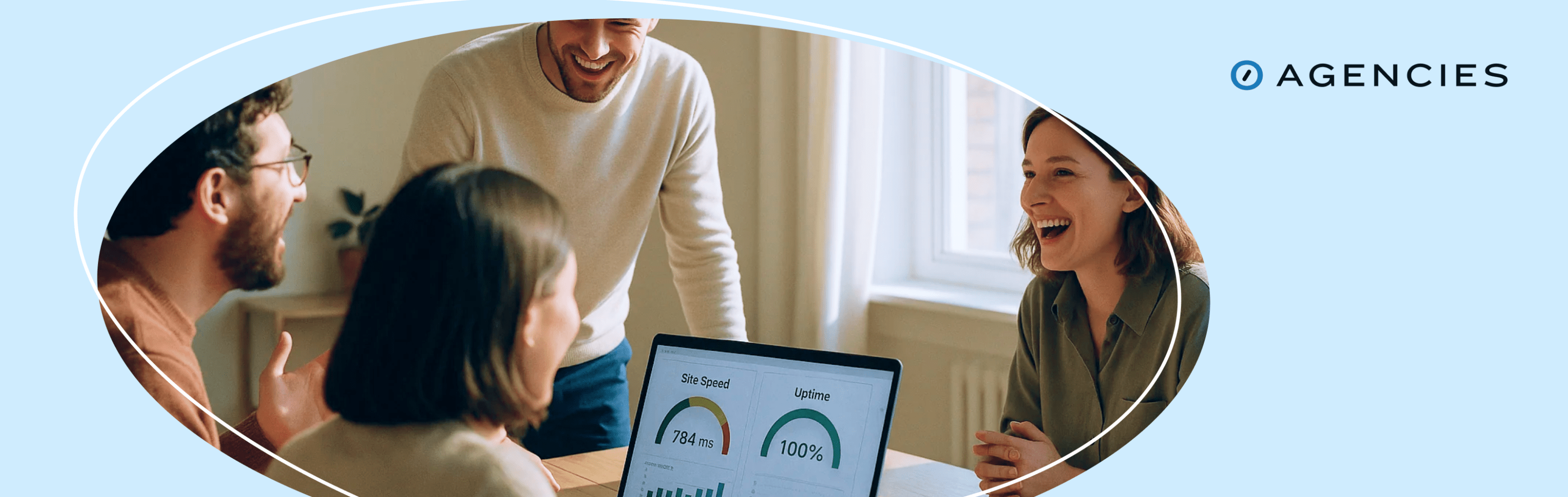people talking and working around a table, with a laptop showing website speed