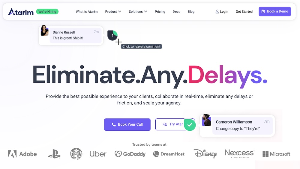 Atarim homepage with the text "Elminate any delays"