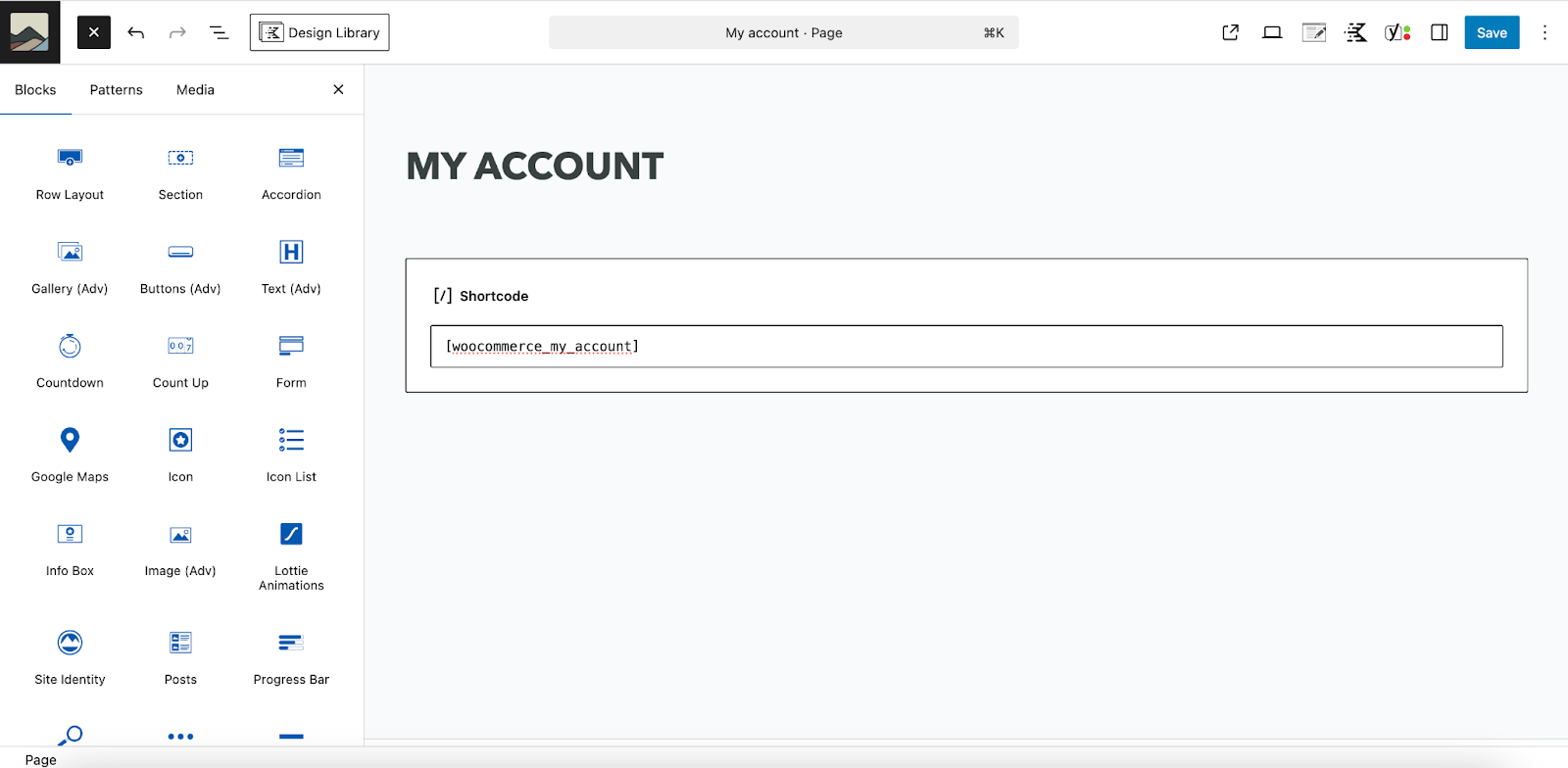 default my account shortcode on the WooCommerce account page