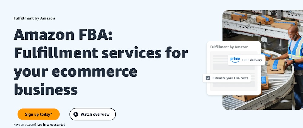 Amazon FBA page with the text "Fulfillment services for your ecommerce business"