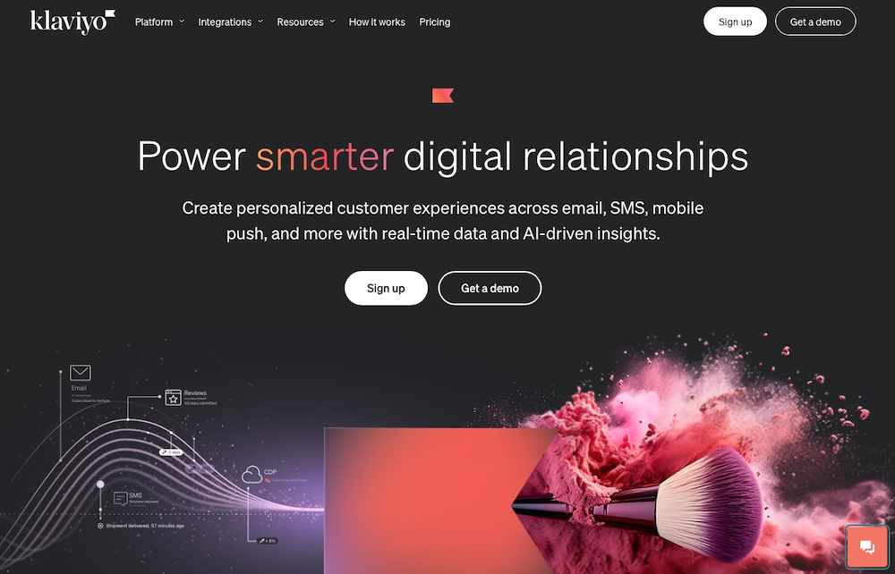 Klaviyo homepage with the text "power smarter digital relationships"